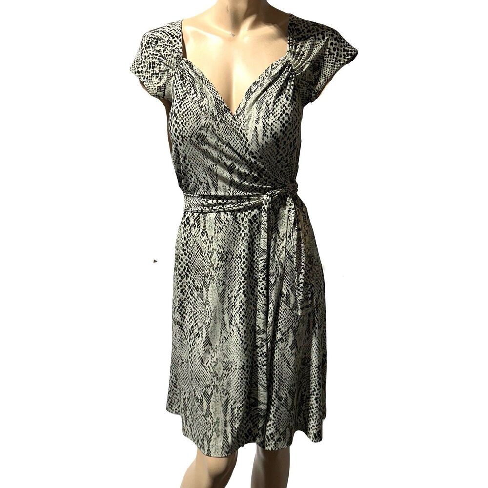 Norma Kamali True Wrap Dress Snakeskin Print Cap Sleeve Tie Waist Size L Large